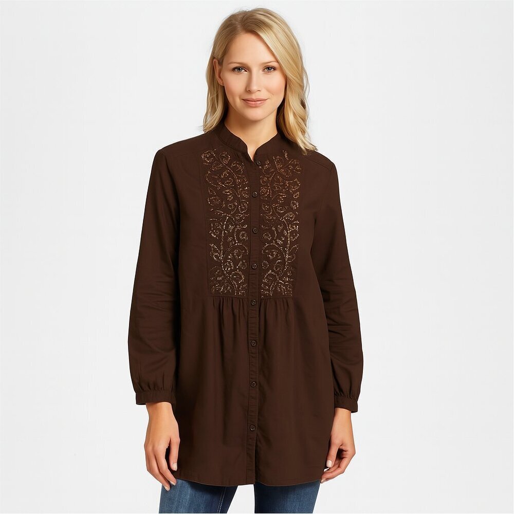 Chico’s Brown Beaded Tunic Top Size 2 (M) | Long Sleeve Button Front Blouse